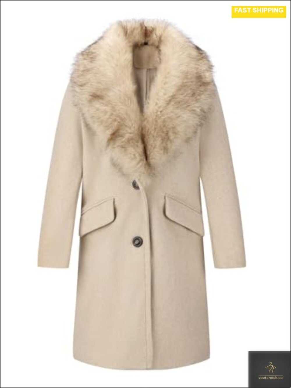 Mid-Length Wool Blend Trench Coat Faux Fur Shawl Collar